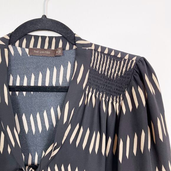 The Limited M Black Cream Striped Hash Printed Tie Neck Blouse Top 3/4 Sleeve - Picture 3 of 7